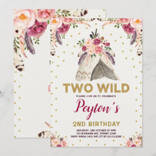 Tribal Blommigt Teepee TWO VILD Birdday Chic Guld Inbjudningar