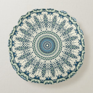 Tribal Blue Grönt Mandala Rund Kudde