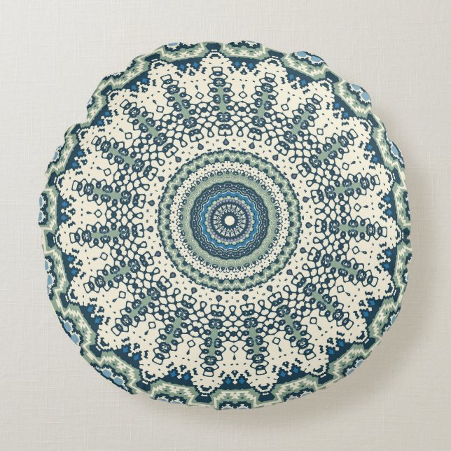 Tribal Blue Grönt Mandala Rund Kudde (Framsidan)