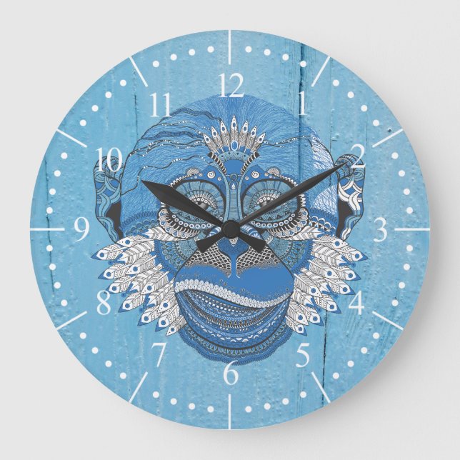 Tribal Blue Monkey Stor Klocka (Framsida)