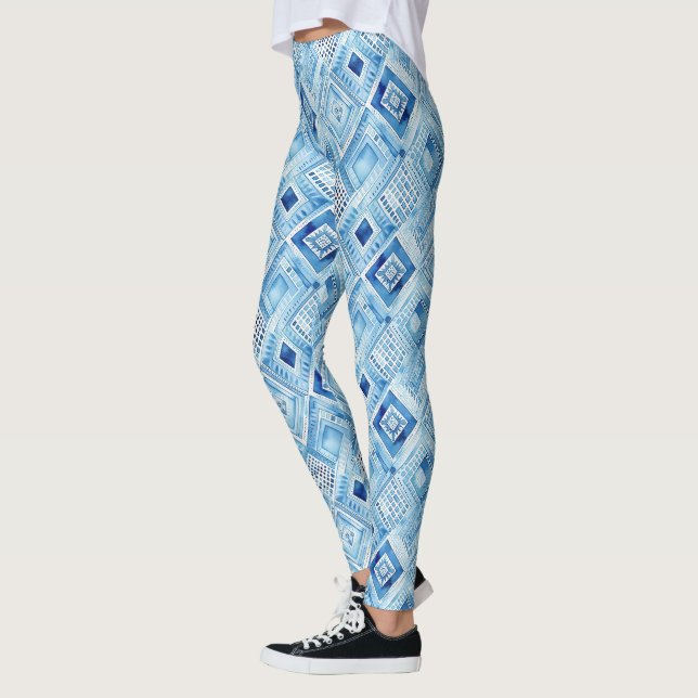Tribal Boho Blue Squares Leggings (Vänster)