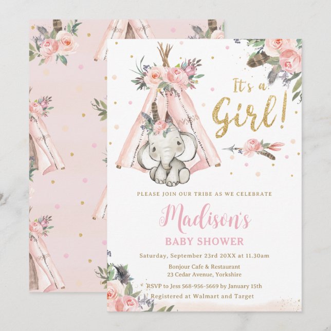 Tribal Boho Elephant Rosa Girl Baby Shower Inbjudningar (Fram/baksida)