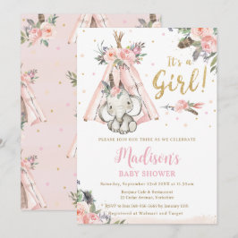 Tribal Boho Elephant Rosa Girl Baby Shower Inbjudningar