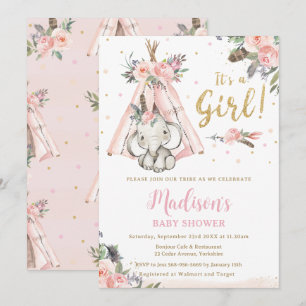 Tribal Boho Elephant Rosa Girl Baby Shower Inbjudningar