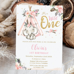 Tribal Boho Elephant Rosa Vild 1:a födelsedag Inbjudningar
