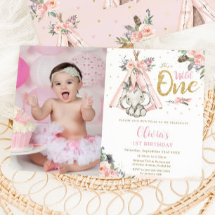 Tribal Boho Elephant Vild 1:a födelsedagen Bild Inbjudningar