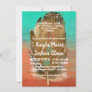 Tribal Boho Feather Teal Orange Bröllop Inbjudningar