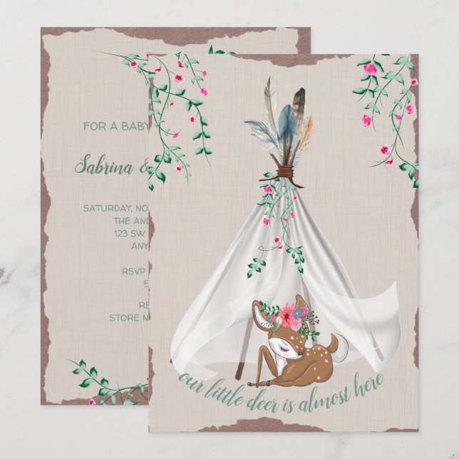 Tribal Boho Tipi och Hjort Couples Baby Shower Inbjudningar (Fram/baksida)