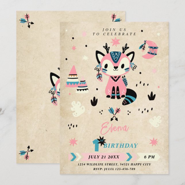 Tribal Boho Woodland Animals Vild 1:a födelsedag Inbjudningar (Fram/baksida)