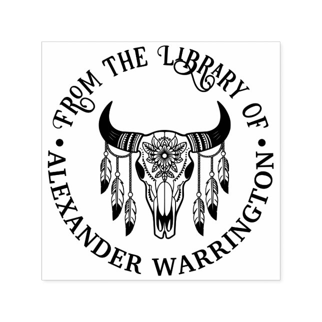 Tribal Bull Cow Skull Feathers Bibliotek Bok Namn Självfärgande Stämpel (Design)