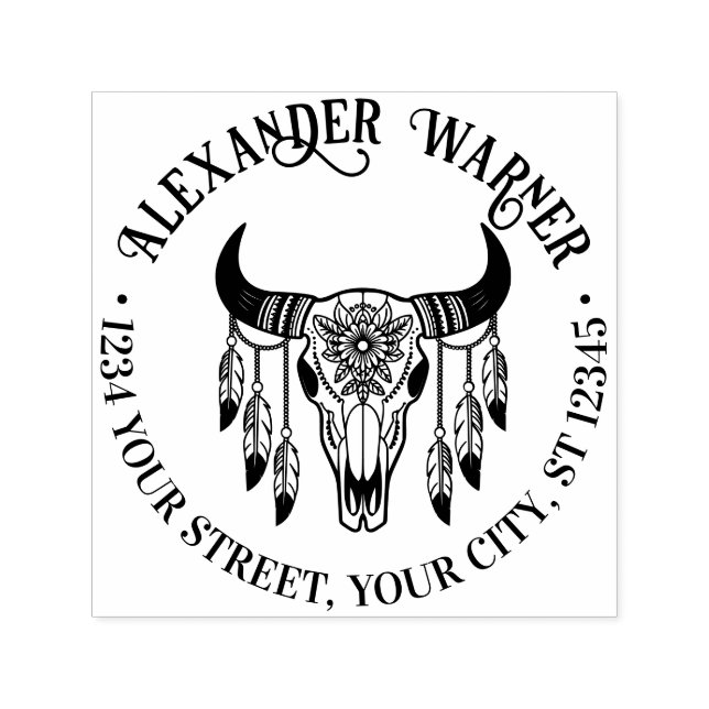 Tribal Bull Cow Skull Feathers Namn Returadress Självfärgande Stämpel (Design)
