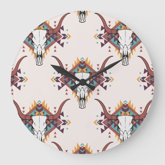Tribal Bull Skull: Boho Seamless Stor Klocka (Framsida)