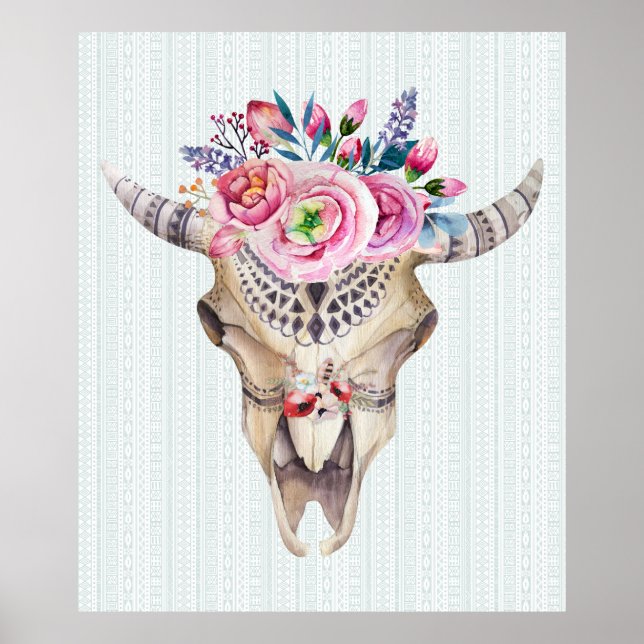 Tribal Bull Skull & Rosa Watercolor Flowers Poster (Framsidan)