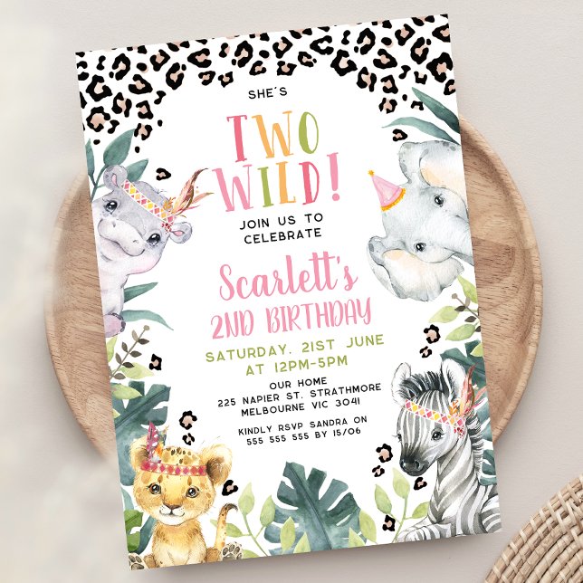 Tribal Cheetah Print Hon är två Vilder andra födel Inbjudningar (Tribal She's Two Wild 2nd Birthday Invitation Girl, Two Wild Birthday Invitation, Second Birthday )