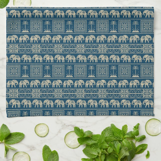 Tribal Elephant & Träd Kökshandduk (Vikta)