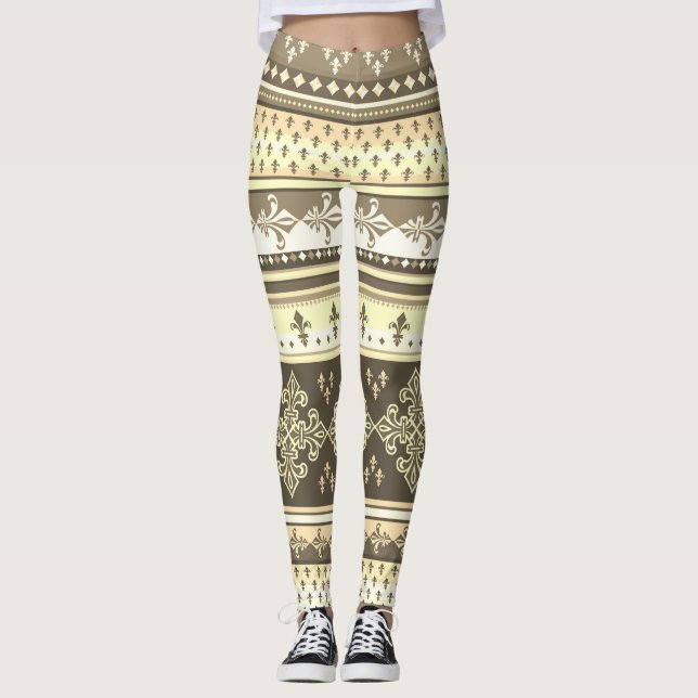 Tribal Ethnic Cream Earth Tones Brown Olive Khaki Leggings (Framsida)