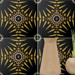 Tribal Ethnic Faux Guld och Black Mosaic Medallion Kakelplatta