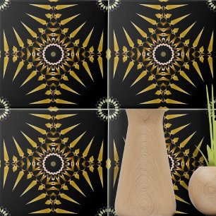 Tribal Ethnic Faux Guld och Black Mosaic Medallion Kakelplatta