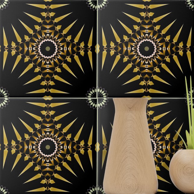 Tribal Ethnic Faux Guld och Black Mosaic Medallion Kakelplatta (Skapare uppladdad)
