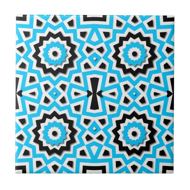 Tribal Ethnic Mosaic Teal Black and White Mönster Kakelplatta (Framsidan)