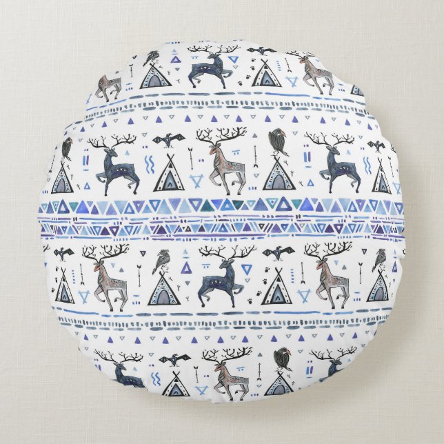 Tribal-etnisk, djur drömmer catcher, sömlös. rund kudde (Framsidan)