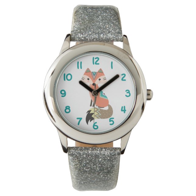 Tribal Fox Teal Number Kids Armbandsur (Framsida)