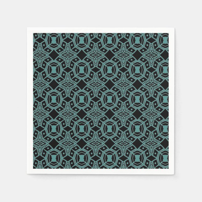 Tribal Gems Black & Teal Mönster Pappra Napkins Pappersservett (Framsidan)