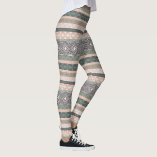 Tribal Geometric Mudcloth Rand Boho Grönt Beige Leggings
