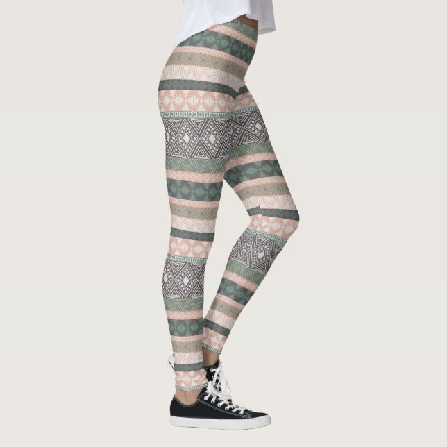 Tribal Geometric Mudcloth Rand Boho Grönt Beige Leggings (Höger)
