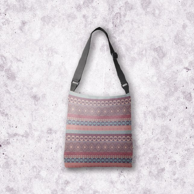 Tribal Geometric Mudcloth Rand Boho Multifärgad Axelväska (Tote Bag - Tribal Geometric Boho Mudcloth Stripes Colorful Red Purple Blue Orange)