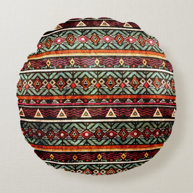Tribal grunge ethno folk mönster i retro stil rund kudde (Framsidan)