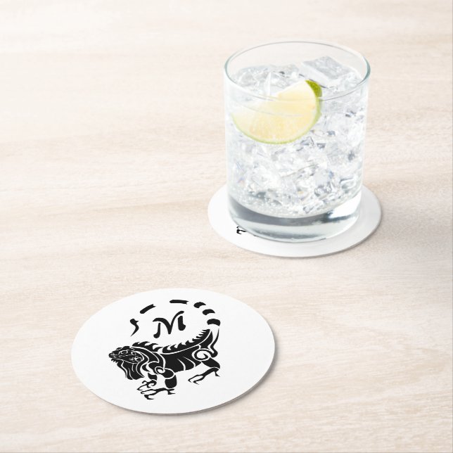 Tribal Iguana Monogram Underlägg Papper Rund (Insitu)