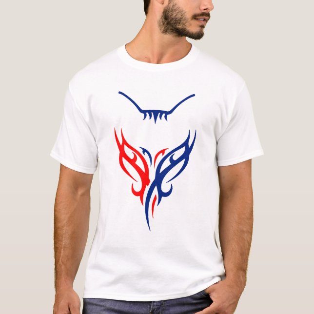 Tribal kattdesign - Röd och blå abstrakt t-shirt (Framsida)