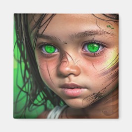 Tribal Kids | Futuristiska Girl Glowing Grönt Ögon Magnet