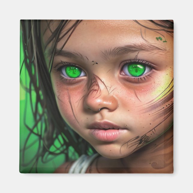Tribal Kids | Futuristiska Girl Glowing Grönt Ögon Magnet (Framsidan)