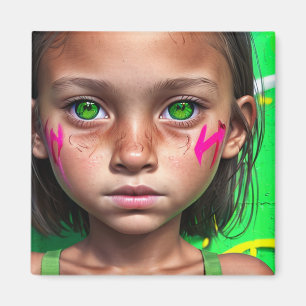 Tribal Kids Futuristiska Stoic Girl Grönt Ögon Magnet