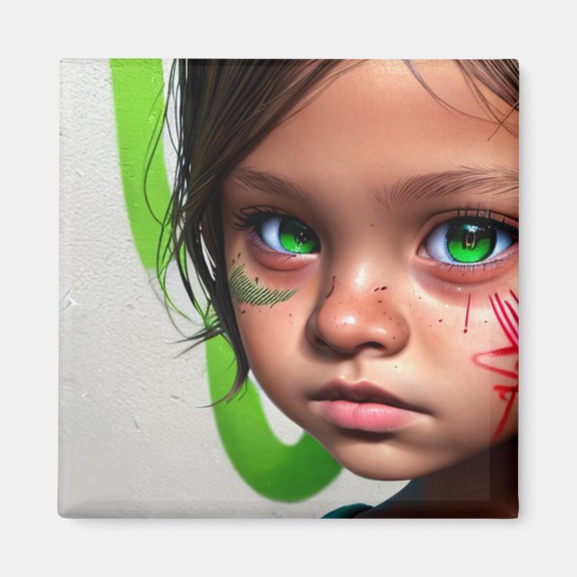 Tribal Kids | Little Futuristiska Girl Grönt Ögon Magnet (Framsidan)