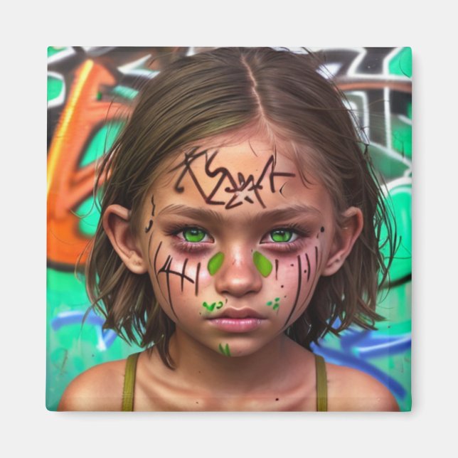 Tribal Kids | Urban Futuristiska Girl Grönt Ögon Magnet (Framsidan)