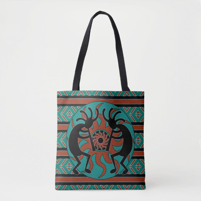 Tribal Kokopelli Teal Brown och Black Tygkasse (Framsida)