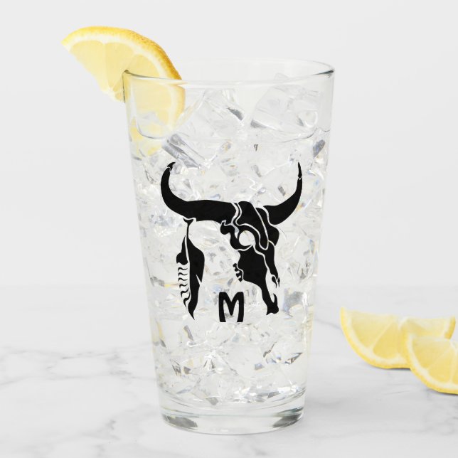 Tribal Longhorn Bull Skull med Black Feather Glaskopp (Framsida Ice)