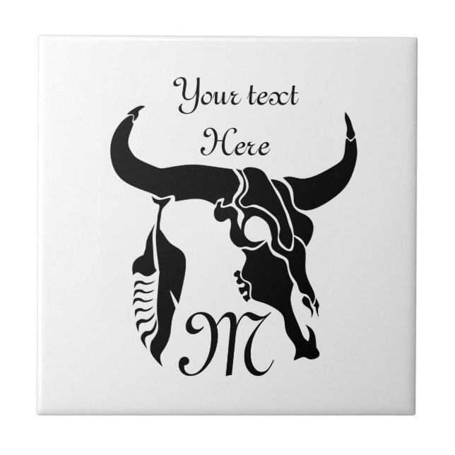 Tribal Longhorn Bull Skull med Black Feather Kakelplatta (Framsidan)