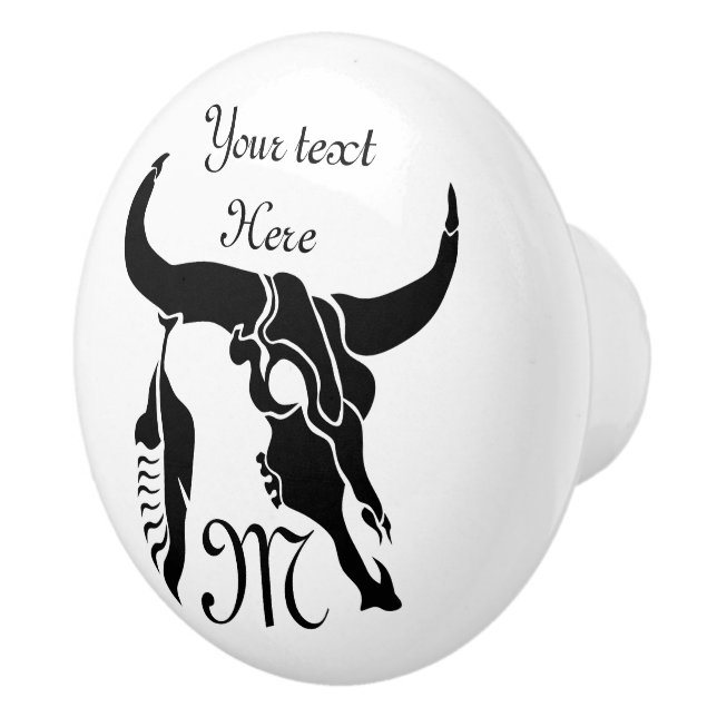 Tribal Longhorn Bull Skull med Black Feather Knopp (Höger)