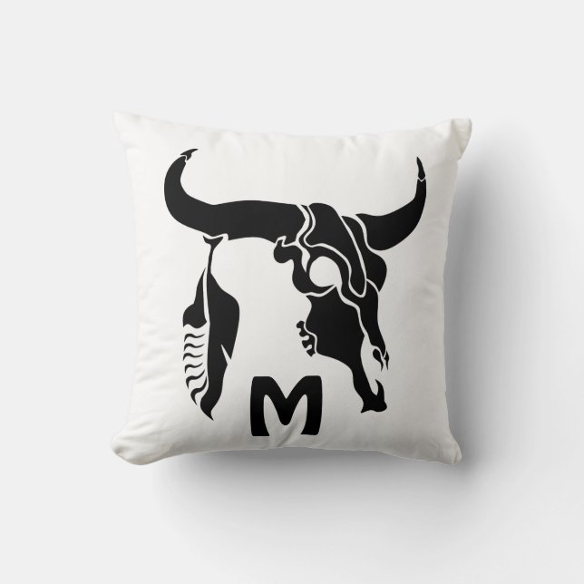 Tribal Longhorn Bull Skull med Black Feather Kudde (Framsida)