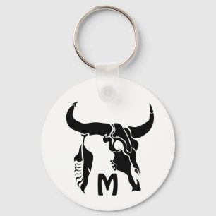 Tribal Longhorn Bull Skull med Black Feather Nyckelring