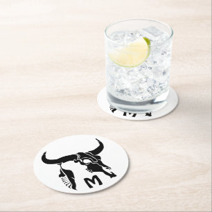 Tribal Longhorn Bull Skull med Black Feather Underlägg Papper Rund