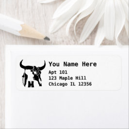 Tribal Longhorn Bull Skull med Monogram Returadress Etikett