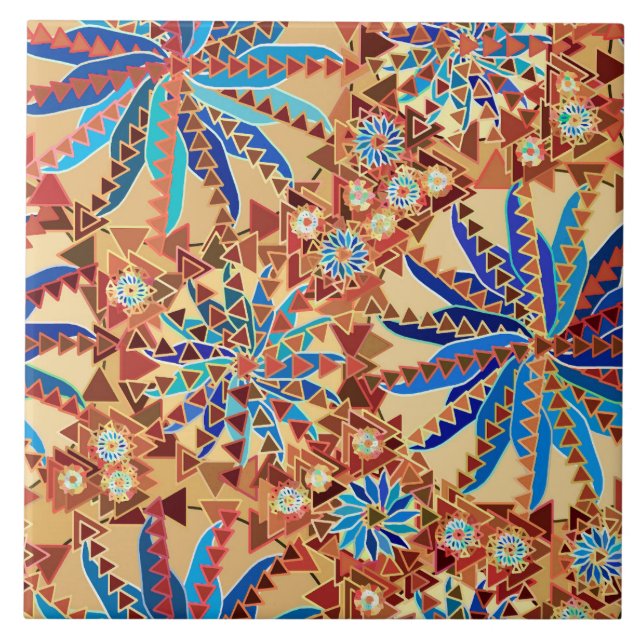 Tribal Mandala Print, Camel Tan och Denim Blue Kakelplatta (Framsidan)