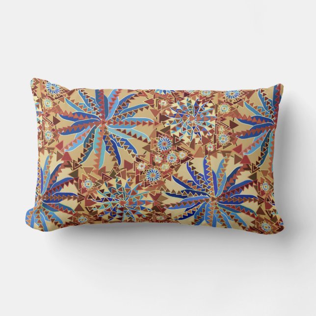 Tribal Mandala Print, Camel Tan och Denim Blue Lumbarkudde (Framsida)