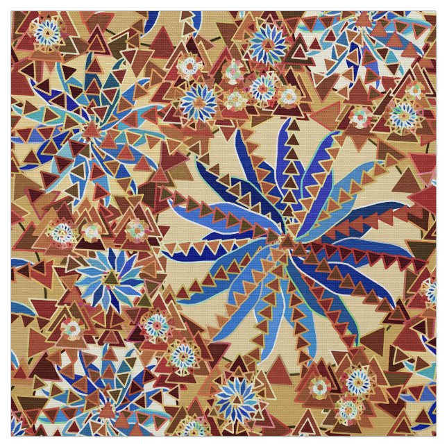 Tribal Mandala Print, Camel Tan och Denim Blue Tyg (Provkarta)