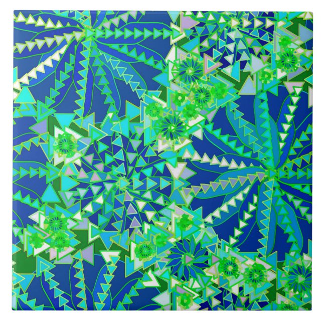 Tribal Mandala Print, Cobalt Blue och Grönt Kakelplatta (Framsidan)